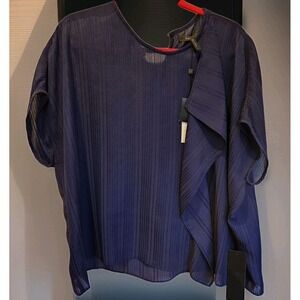 BCBG MaxAzria Womens Short Sleeve Riese Blouse Navy Blue Large NWT Chiffon Flow